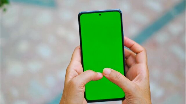 A person's hands delicately hold a modern communication device. Its vibrant green display awaits content, ready for interactive engagement and personalized digital experiences.