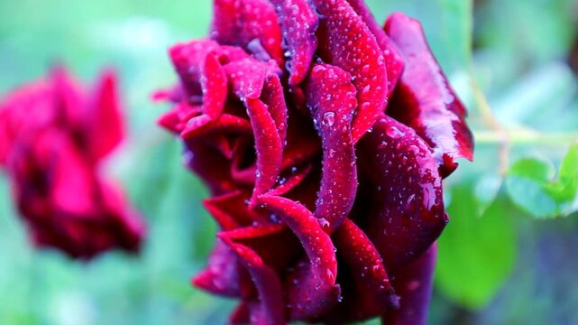 A dark red rose covered with numerous drops of dew or rain close-up in a summer garden. Flower petals with tiny water droplets slowly move in the wind. The video conveys a romantic mood, tenderness, f