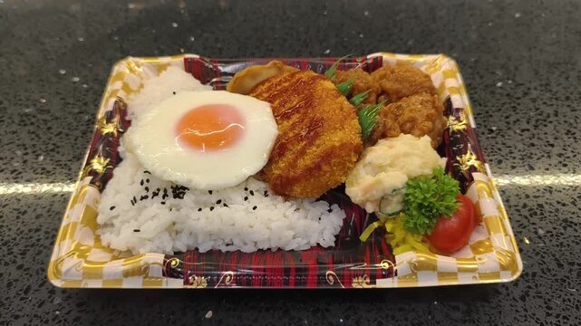 A Japanese bento tray featuring white rice topped with black sesame seeds and a sunny‑side‑up egg, breaded cutlet with sauce, fried chicken garnished with greens, potato salad with cucumber.