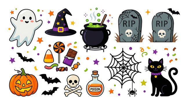 Cute cartoon halloween elements collection sticker set with halloween, cauldron