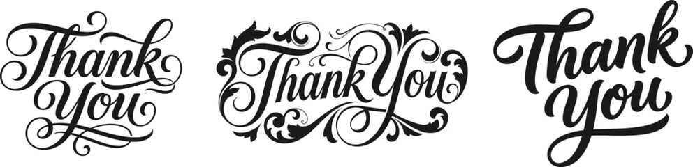 Elegant Thank You script typography designs with ornate flourishes on white © Oishi