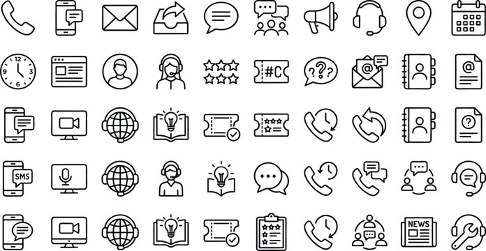 Collection of communication and service icons on a white background with a clean graphic style for digital media