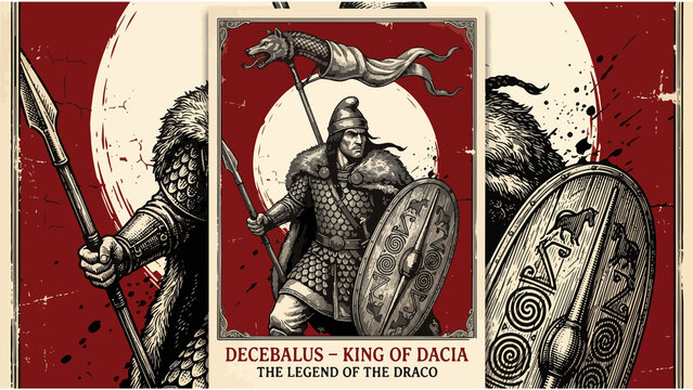 Dacian Wolf Banner Warrior Vintage Engraved Historical Poster Illustration