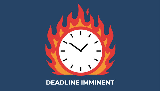 Classic white clock surrounded by hot orange flames representing an imminent deadline, time pressure, and stress.