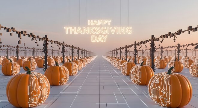 Happy Thanksgiving Futuristic digital pumpkin patch with circuit board patterns and neon text in virtual world