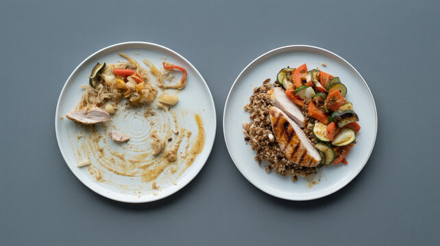 Split-screen comparison of wasted food vs. balanced nutrition plate