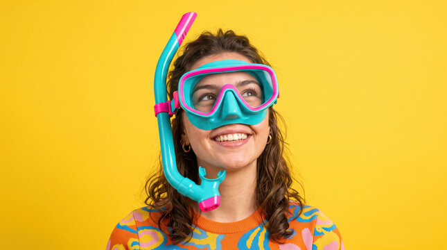 Smiling woman wearing colorful snorkel mask on yellow background.