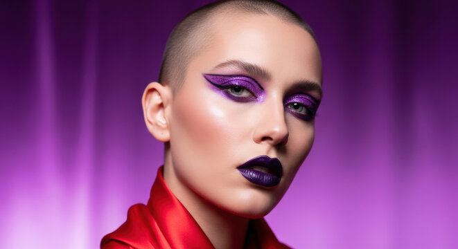 Bald woman with vibrant purple makeup including sharp eyeliner eyeshadow and lipstick looking intensely at camera on purple background.
