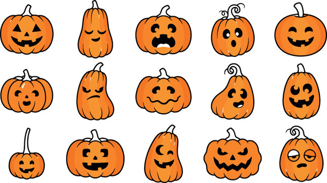 Funny Halloween pumpkin emoji faces vector set