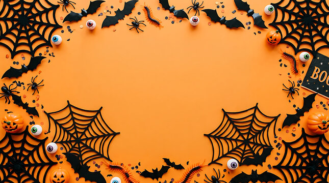 Halloween background with bats spiders webs and eyes on orange border, halloween