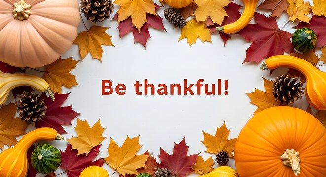 Happy Thanksgiving Text Be thankful displayed over a flat lay arrangement of colorful pumpkins and autumn maple leaves on a white background for holidays