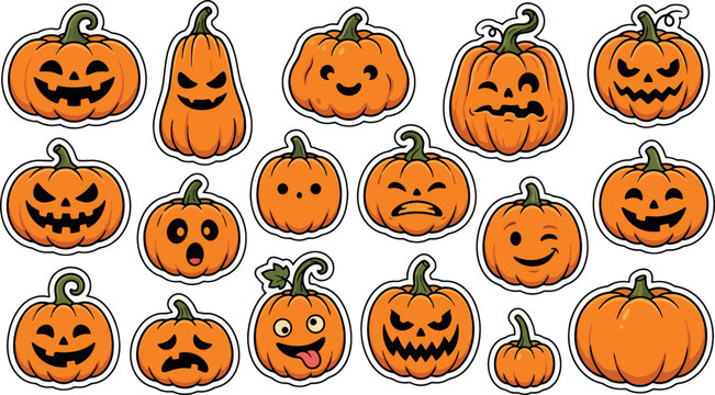 Halloween pumpkin faces sticker vector set