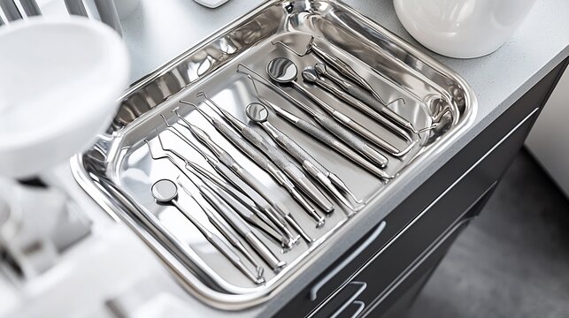 Set of Stainless Steel Dental Instruments in a Metal Tray on Clinic Counter