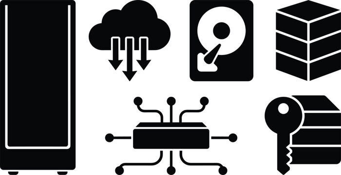 Data center and cloud computing icon set featuring network server rack hdd hard drive microchip storage stack and security key data block silhouettes on white background