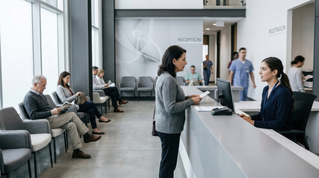 Healthcare Reception Interaction Patient Registration and Waiting Room Scene