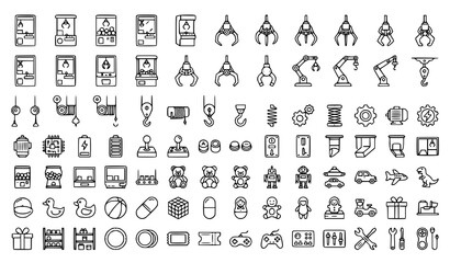 Claw Machine Arcade Game and Mechanical Crane Lift Line Icon Set Featuring Robotic Grippers Prize Toys Joysticks and Vending Entertainment Components © MdRifat