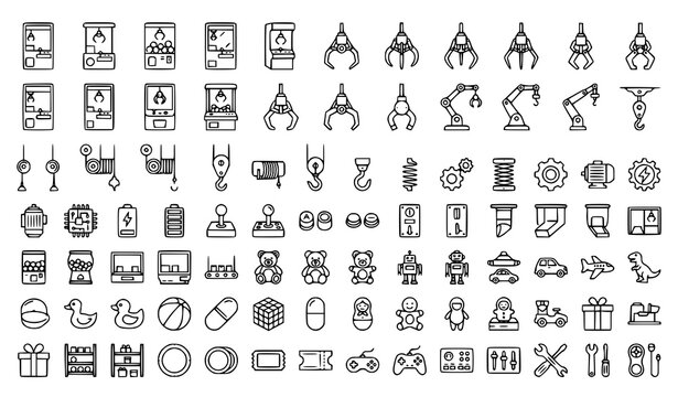 Claw Machine Arcade Game and Mechanical Crane Lift Line Icon Set Featuring Robotic Grippers Prize Toys Joysticks and Vending Entertainment Components