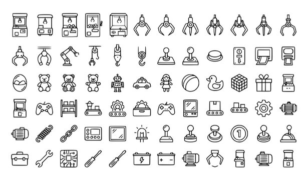 Claw Machine Arcade Game and Amusement Mechanical Line Icon Set Featuring Robotic Grippers Prize Toys Joysticks and Maintenance Repair Component Symbols