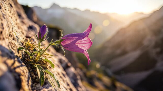 Purple bellflower blooming on a rocky mountain slope at sunset. 4K Video