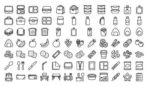 Bento Box Lunchbox and School Meal Prep Line Icon Set Featuring Food Storage Containers Insulated Bags Thermos Bottles Healthy Snacks and Student Backpack Symbols