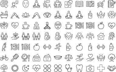 Naklejka premium Collection of wellness and healthcare icons in a grid layout against a white background with a simple line art style