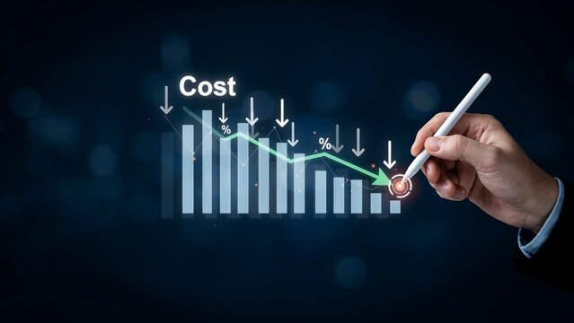 Business person reducing operational costs with digital financial chart showing decrease in expenses and financial optimization