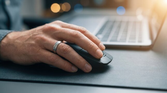 Man wearing a wedding ring using a computer mouse