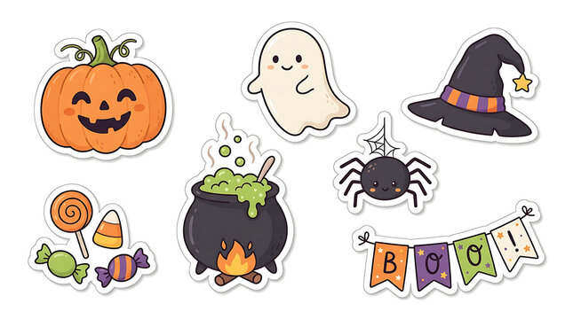 Set of cute hand drawn halloween stickers including pumpkin ghost and witch hat