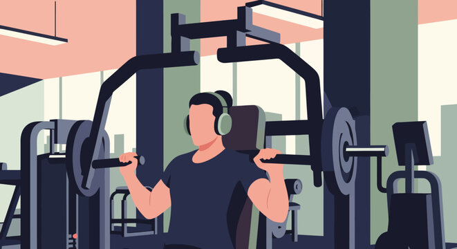 Man exercising on chest press machine in gym wearing headphones vector illustration