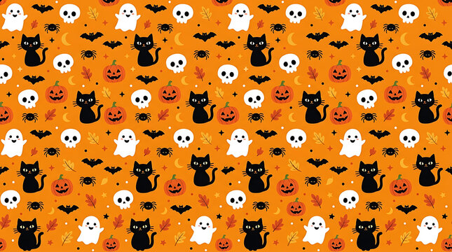 Seamless halloween background pattern with pumpkins skulls and black cats