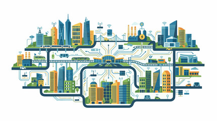 Fototapeta premium Connected urban landscape with smart city infrastructure and transportation