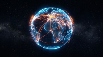 AI global network connecting continents on digital earth. Futuristic data visualization with...