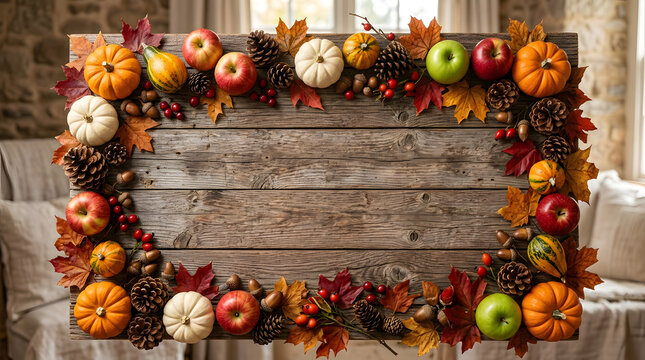 Festive thanksgiving background with pumpkins apples and fall foliage for holiday decorations and seasonal designs