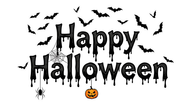 Happy halloween spooky greeting sign with bats and spider web, halloween