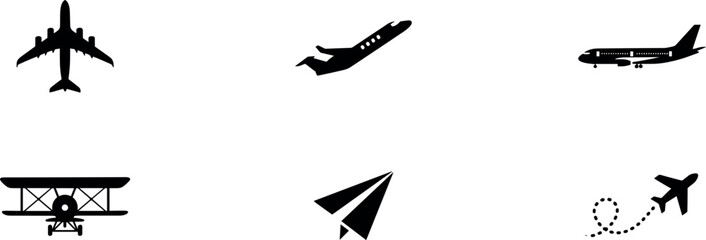 Airplane Silhouette Icon Set Featuring Commercial Aircraft, Biplane, Paper Plane, Flight Path, Aviation, and Air Travel Vector Symbols © Trump!
