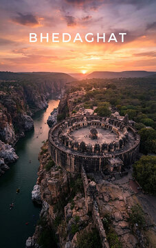 Circular Chaurasath Yogini Temple overlooking Narmada River gorge at sunset Bhedaghat