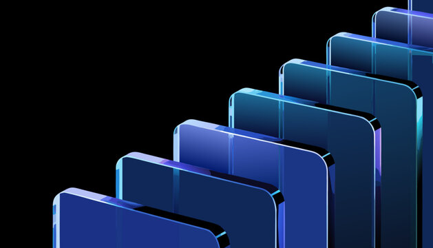 Abstract 3D glass panels in blue. Modern geometric background with transparent rectangle shapes.
