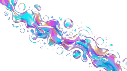 Naklejka premium Abstract Vector Illustration of an Iridescent Liquid Stream with Floating Bubbles and Holographic Fluid Splashes for Futuristic Tech Web Banners and Creative Cosmetic Packaging