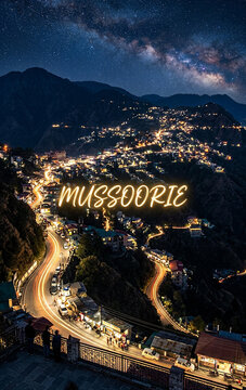 Beautiful night view of Mussoorie hill station with winding roads under starry Milky Way sky