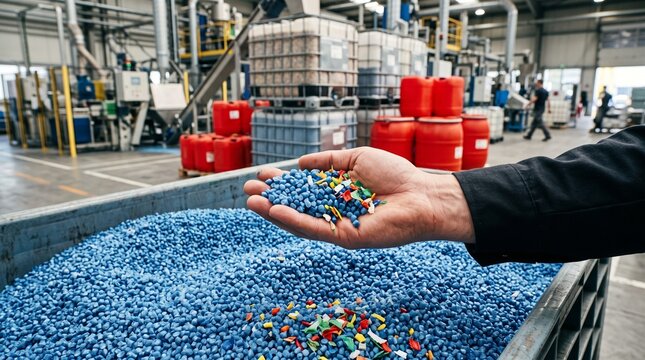 Worker holding recycled plastic pellets in industrial plant. Eco-friendly manufacturing of sustainable polymer granules for production.