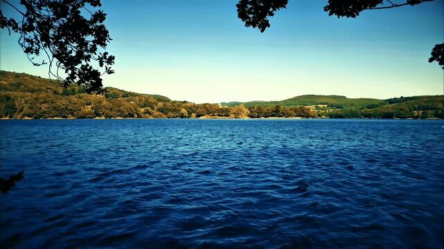 Deep blue waters stretch towards distant, tree-covered hills under a vast, clear sky. Silhouetted branches frame this serene natural landscape, inviting peaceful escape.