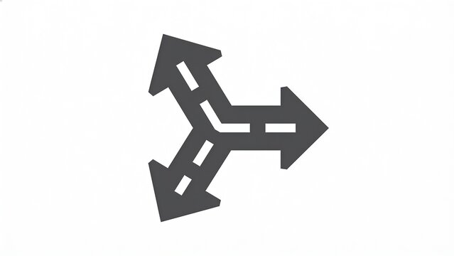 Minimal three-way directional arrow icon, bold geometric road junction symbol with left, right, and straight arrows, flat dark gray vector, centered on a clean white background, modern navigation and 