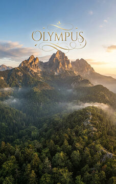 Mount Olympus Majestic Rocky Peaks above Forest at Sunset, Greece