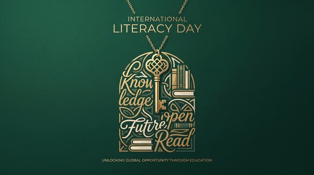 International Literacy Day concept with books and quill pen illustration on dark green