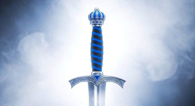 Ornate sword with blue handle and crown