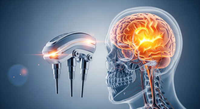 Advanced robotic device approaching human brain, suggesting brain-computer interface or neuro-technology innovation.