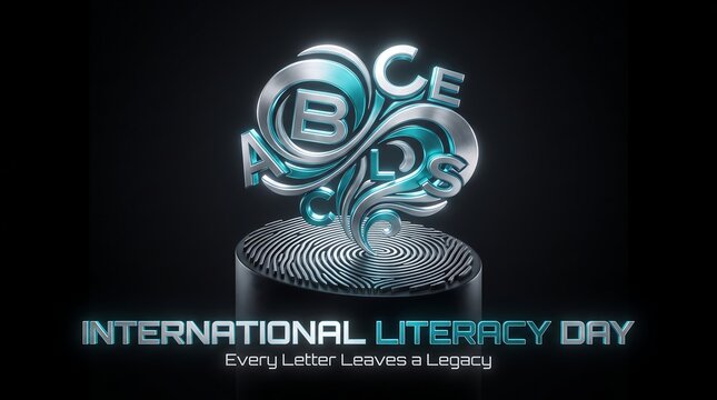 International Literacy Day concept with letters and fingerprint on black background
