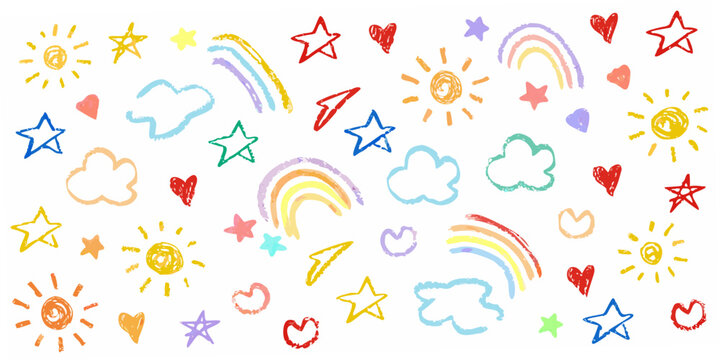 Crayon style suns stars rainbows and hearts pattern on white background