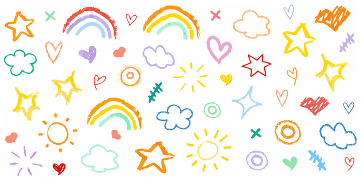Colorful crayon style pattern of stars rainbows and hearts on white background