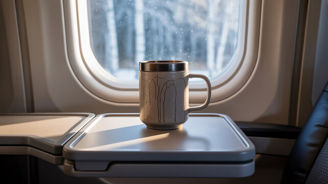Cozy train compartment with winter view and travel mug on tray table
